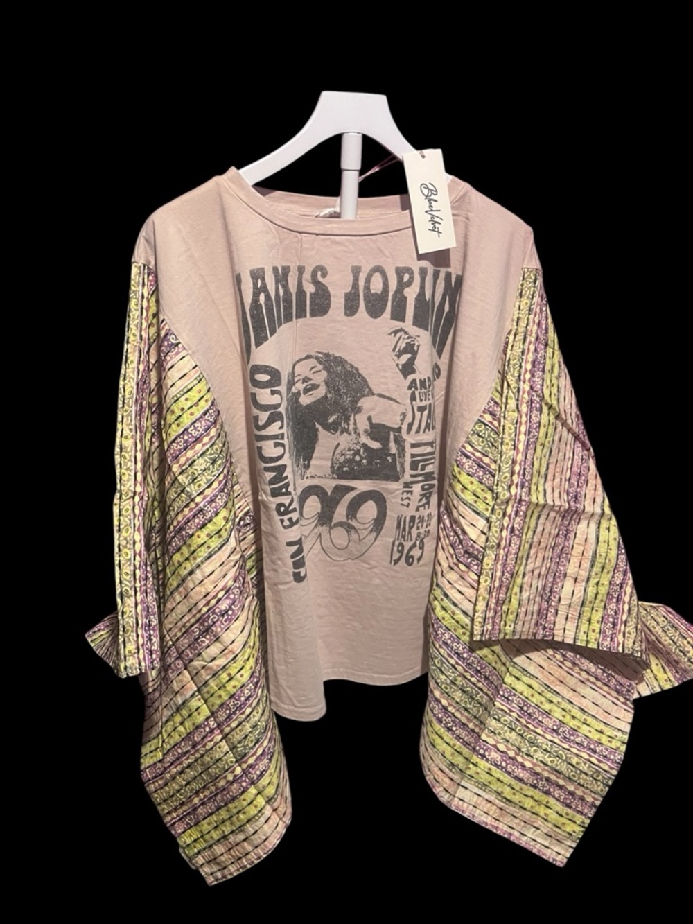 Boho Graphic Kimono Jacket with Janis Joplin Tee - Beige & Pastel Stripe